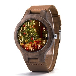 Christmas Tree Wood Leather Watch, Christmas Wood Watch, Christmas Watch, Man Size Watch, Christmas Jewelry, Christmas Gift, Holiday Gift