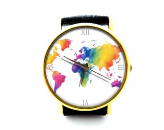 Rainbow world map Leather Watch, watercolour world map Ladies Watch, Unisex Watch, world map Jewellery
