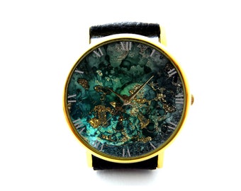 Dark Green Marble Leather Watch, Dark Green Marble Ladies Watch, Unisex Watch, Dark Green Marble Jewellery