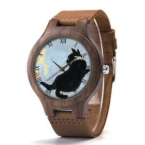 Vintage Cat Wood Leather Watch, Cat Art Wood Watch, Black Cat Watch, Man Size Watch, Cute Funny Cat Jewelry