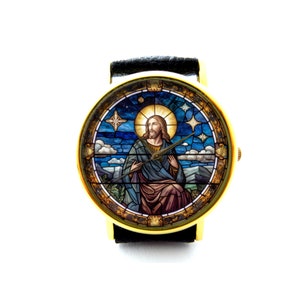 Jesus Stained Glass Leder Uhr, Jesus Damenuhr, Unisex Uhr, Jesus Schmuck