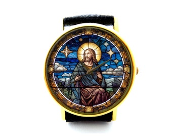 Jesus Stained Glass Leather Watch, Jesus Ladies Watch, Unisex Watch, Jesus Jewelry