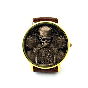 Reloj de cuero de calavera Steampunk, reloj de esqueleto Steampunk, reloj unisex, joyería Steampunk imagen 3