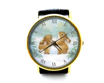 Reloj de piel con forma de conejo, reloj de conejo para mujer, reloj unisex, reloj vintage, reloj de conejo, joyería de conejo