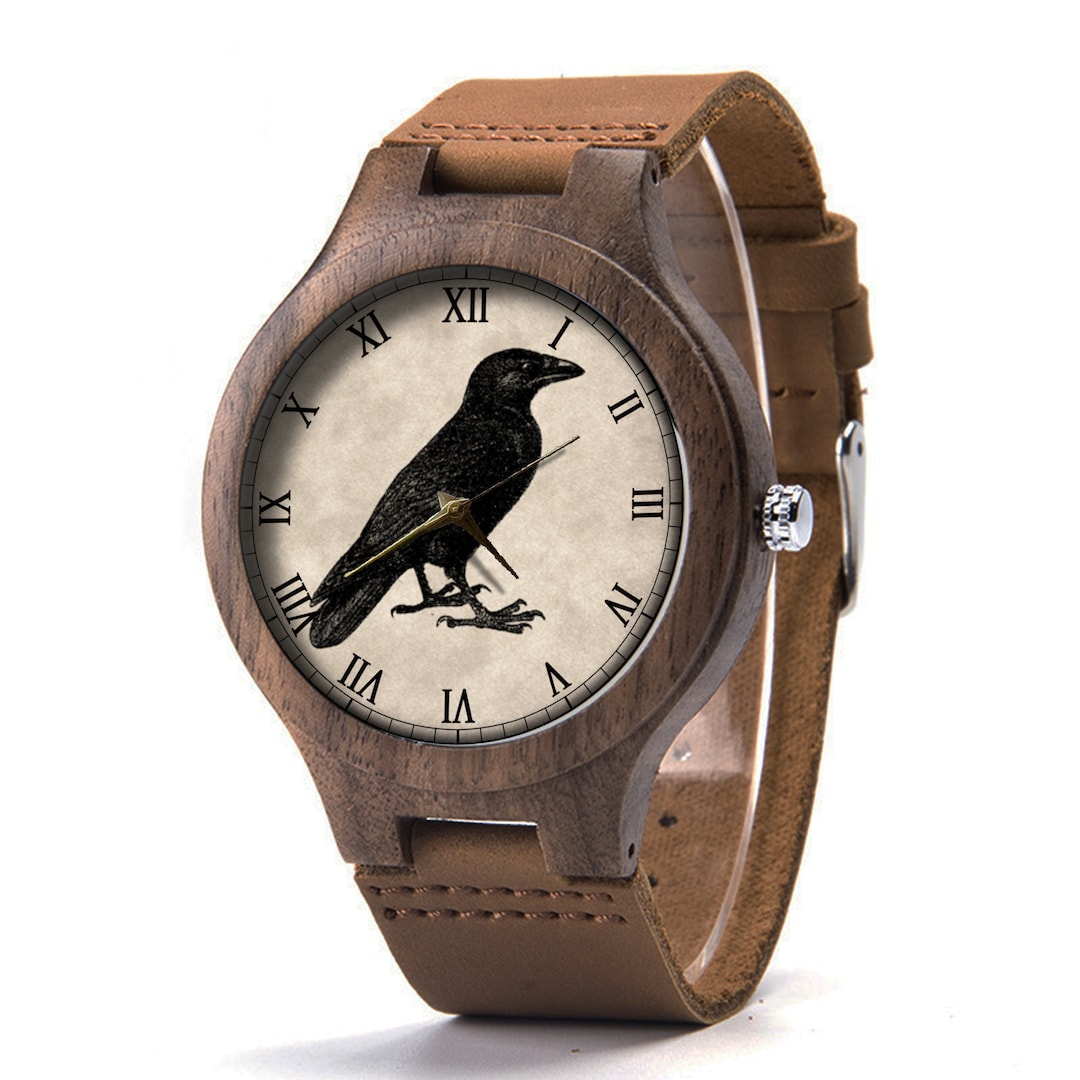 Victorian Gothic Wood Leather Watch, Crow Wood Watch, Crow Watch, Man
