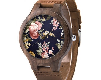 Vintage Flower Wood Leather Watch, Vintage Rose Wood Watch, Floral Watch, Man Size Watch, Rose Jewelry
