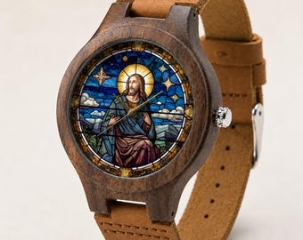 Glasmalerei Jesus Holzuhr, Christian Art Leder Armbanduhr Geschenk