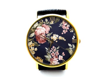 Vintage Flower Leather Watch, Vintage Rose Watch, Floral Watch, Ladies Watch, Mens Watch