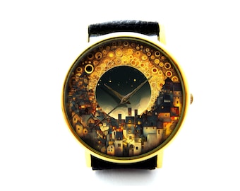 Reloj de cuero de ciudad ilusoria, reloj de estilo Gustav Klimt, reloj unisex de arte, joyería de estilo Gustav Klimt