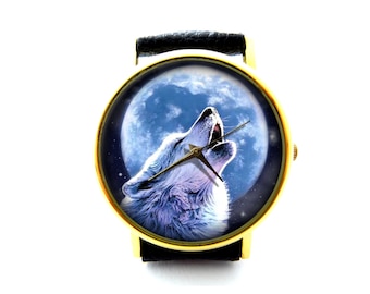 Wolf Leather Watch, Wolf Wrist Watch, Unisex Watch, Ladies Watch, Mens Watch, Personalized Watch, Wolf Jewelry