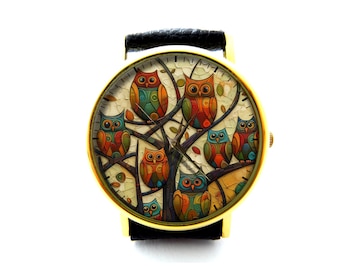 Owl Family Leather Watch, Antique Owl Ladies Watch, Owl Unisex Watch, Vintage Owl Watch, Owl Jewelry