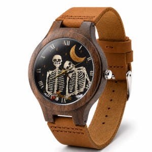 Gothic Skeleton Couple Wooden Watch, Crescent Moon Embroidered Style Dial, Brown Leather Strap, Dark Romance Gift