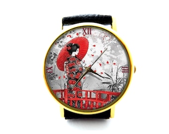 Japanese Art Leather Watch, Japan Culture Ladies Watch, Unisex Watch, Japanese Art Jewelry