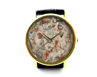 Zodiac Signos reloj de cuero, reloj de la constelación, reloj de astrología, figuras del zodiaco, reloj unisex, reloj de señoras, reloj de hombre, patrón 4