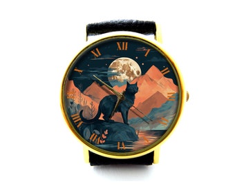 Reloj de cuero de gato negro y luna, reloj de mujer de gato de luna llena, reloj unisex de gato, reloj de gato, joyería de gato negro