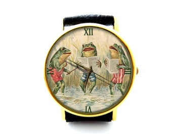 Frog Singing Leather Watch, Frog Music Ladies Watch, Unisex Watch, Funny Frog Jewelry