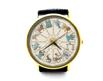 Reloj de cuero con signos del zodiaco, reloj con signos del zodíaco, reloj con signos astrológicos, reloj unisex, reloj para mujer, reloj para hombre, joyería con signos del zodíaco