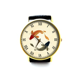 Koi Fish Yin Yang Art Vintage Leather Watch, Unisex Watch, Ladies Watch, Mens Watch, Personalized Watch