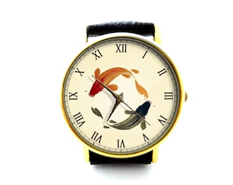 Koi Fish Yin Yang Art Vintage Leather Watch, Unisex Watch, Ladies Watch, Mens Watch, Personalized Watch