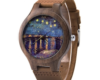 Starry Night over the Rhone Wood Leather Watch, Van Gogh art jewelry night sky Watch, Man Size Watch, Van Gogh Jewelry, Van Gogh Art Watch