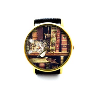 Leren bibliotheekboek, uniseks horloge, dameshorloge, herenhorloge, patroon 4