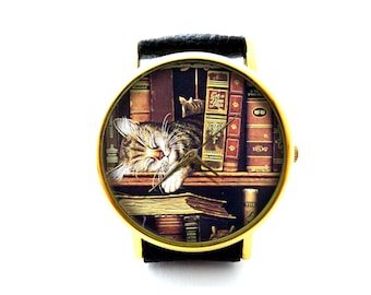 Library Book Leather Watch, Unisex Watch, Ladies Watch, Mens Watch, Pattern 4