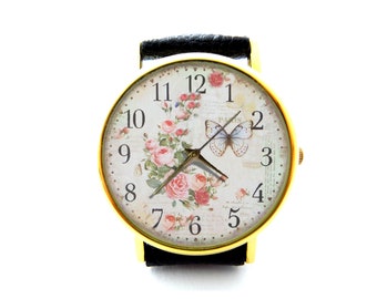 Blumen Leder Uhr, Schmetterling Damenuhr, Unisex Uhr, Schmetterling Blume Rose Schmuck