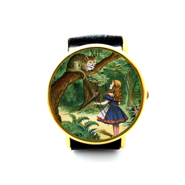 Alice In Wonderland Cheshire Cat Leather Watch, Alice in Wonderland Ladies Watch, Montre Unisexe, Wonderland Bijoux