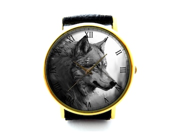Wolf Leather Watch, Wolf Wrist Watch, Unisex Watch, Ladies Watch, Mens Watch, Personalized Watch, Wolf Jewelry