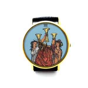 Tarot drie van cups lederen horloge, Tarot dameshorloge, Tarot Unisex horloge, Tarot sieraden