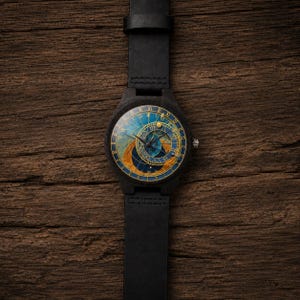 Orologio astronomico di Praga, orologio in legno, orologio da polso steampunk astrologico in pelle