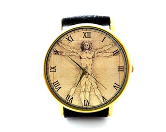 Zegarek skórzany Leonardo Da Vinci, zegarek Vitruvian Man, Vitruvian Man, zegarek unisex, biżuteria Leonardo Da Vinci, akcesoria Leonardo Da Vinci