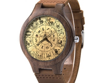 Zodiac Signs Wood Leather Watch, Zodiac Wood Watch, Constellations Unisex Watch, Astronomy Wood Watch, Man Size Watch, Zodiac Jewelry
