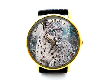 Snow Leopard Leather Watch, Leopard Ladies Watch, Unisex Watch, Snow Leopard Jewelry
