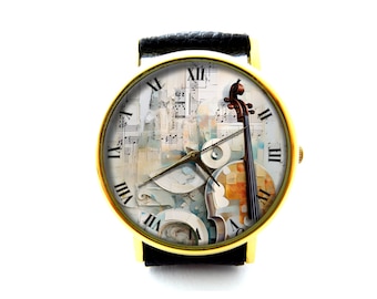 Musical Notes Leather Watch, Music Leather Watch, Ladies Watch, Mens Watch, Violin Watch, Music Jewelry, Music Accessory