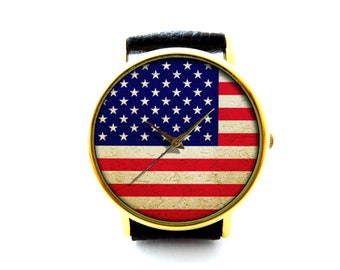 Reloj de cuero con bandera estadounidense, reloj de cuero con bandera de EE. UU., accesorio de bandera, reloj unisex, reloj para damas, reloj para hombres, joyería de bandera, patrón 1