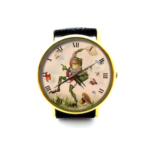 Frog Catch Butterflies Leather Watch, Frog Ladies Watch, Unisex Watch, Funny Frog Jewelry