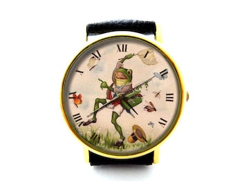 Frog Catch Butterflies Leather Watch, Frog Ladies Watch, Unisex Watch, Funny Frog Jewelry