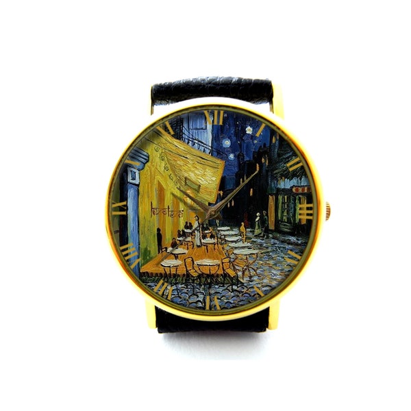 Vincent Van Gogh "Cafe Terrace at Night" Leather Watch, Vincent Van Gogh Ladies Watch, Unisex Watch, Van Gogh Jewelry, Van Gogh Watch