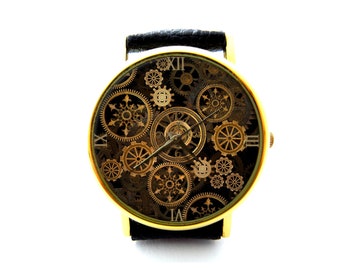 Steampunk Gear lederen horloge, Steampunk horloge, Unisex horloge, Steampunk sieraden