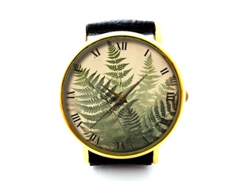 Grüne Blätter Leder Uhr, Blätter Uhr, Unisex Armbanduhr, Damenuhr, Herrenuhr, Blätter Schmuck