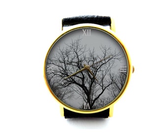 Reloj de cuero del árbol muerto, reloj de las damas del árbol muerto, reloj unisex, joyería del árbol muerto