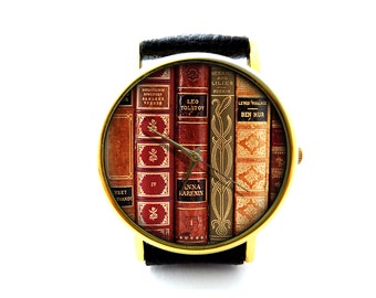 Library Book Leather Watch, Unisex Watch, Ladies Watch, Mens Watch, Pattern 1