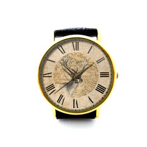 Weltkarte Hirsch Leder Uhr, Karte Uhr, Vintage Karte Uhr, Antike Karte Uhr, Unisex Uhr, Karte Schmuck