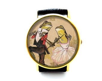Jitterbug Frogs Leather Watch, Frog Ladies Watch, Unisex Watch, Funny Frog Jewellery