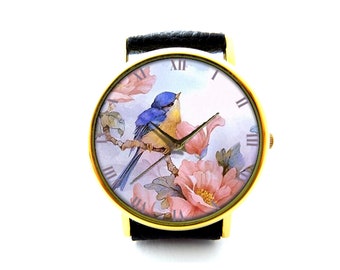 Flower Bird Leather Watch, Flower Bird Ladies Watch, Unisex Watch, Flower Bird Jewellery