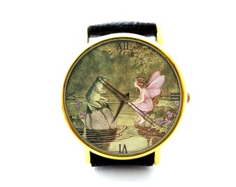 Frosch und Fee Leder Uhr, Frosch Damenuhr, Unisex Uhr, Fee Schmuck