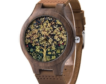 William Morris Baum des Lebens Holz Lederuhr, Baum des Lebens Kunstholz Uhr, Herrenuhr, William Morris Schmuck
