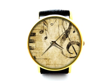 Treble clef and keyboard Leather Watch, Piano Ladies Watch, Unisex Watch, Music Jewellery