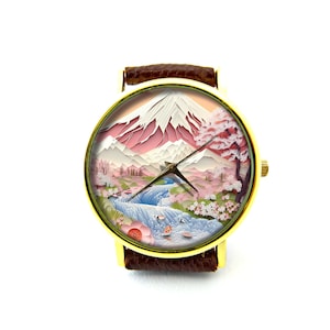 Pappersquilling-effekttryck med Mount Fuji-läderklocka, klocka med japanskt körsbärsträd, unisexklocka, inte äkta pappersquilling, det är platt tryck bild 3